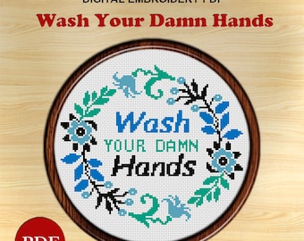 Wash Your Hands Embroidery: Floral Wreath Cross Stitch Pattern (PDF Pattern)