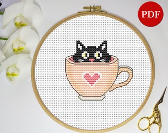 Black Cat in Teacup Cross Stitch Pattern (PDF Pattern)