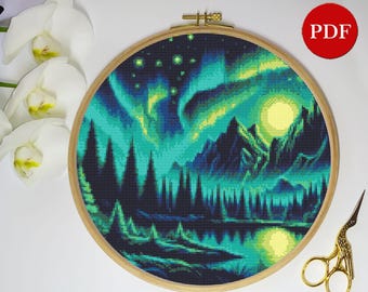 Northern Lights Cross Stitch Pattern: Night Nature Embroidery (PDF Pattern)