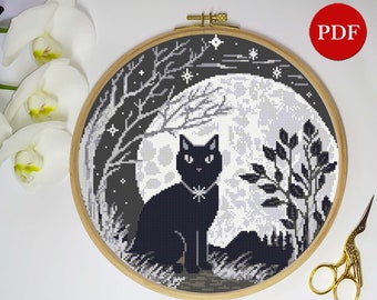 Mystical Black Cat on Moon Cross Stitch Pattern (PDF Pattern)