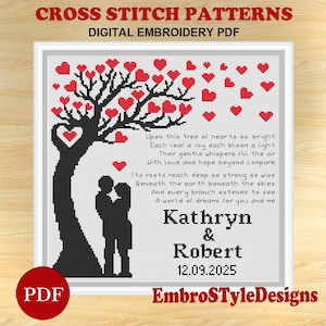 May include: Cross stitch pattern featuring a tree with red heart-shaped leaves and a couple silhouette. The design includes the names "Kathryn & Robert" and the date "12.09.2025". The text "CROSS STITCH PATTERNS DIGITAL EMBROIDERY PDF" is at the top.