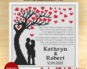 Personalized Love Tree Cross Stitch Pattern: Wedding Anniversary Keepsake (PDF Download