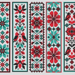 May include: Five embroidered bookmarks with traditional floral and bird patterns. Each bookmark features a white background with red, black, and teal geometric designs. The bookmarks are rectangular and have a black border.