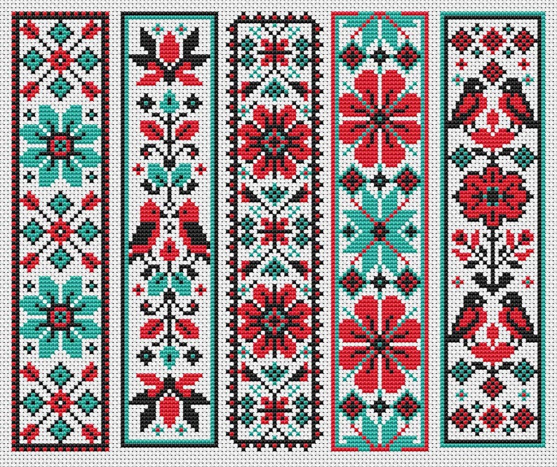 May include: Five embroidered bookmarks with traditional floral and bird patterns. Each bookmark features a white background with red, black, and teal geometric designs. The bookmarks are rectangular and have a black border.