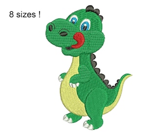Puede incluir: Un dinosaurio verde de dibujos animados con la barriga amarilla y la lengua roja que sobresale. El dinosaurio tiene ojos azules y una nariz negra. ¡8 tamaños!