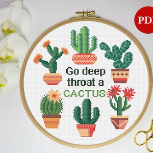 Pode incluir: Padrão de ponto cruz com uma variedade de cactos em vasos com o texto "Go deep throat a cactus".