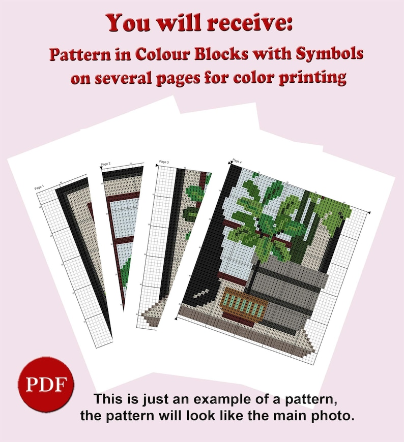 May include: A digital cross-stitch pattern for a houseplant in a pot, displayed on four pages. The pattern is in color blocks with symbols for easy color printing.