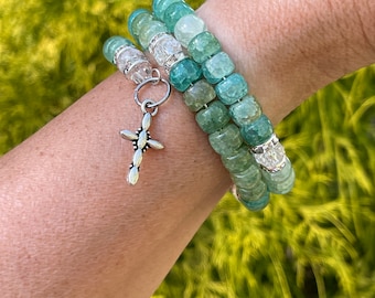 Blue Green Bead Rosary Wrap Bracelet: Catholic Jewelry Gift