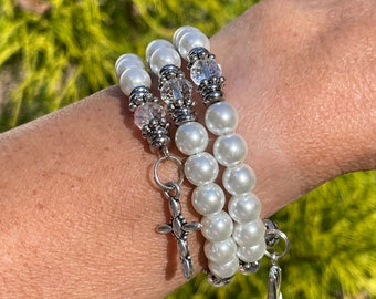 Prayer wrap bracelet, gift for her, pearl white glass beads, religious gift, wedding accessory