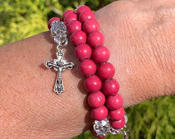 Dark pink mosaic five decade rosary wrap bracelet, catholic gift