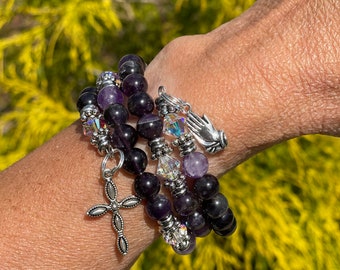 Purple Mosaic Glass Bead Bracelet with Cross & Praying Hands