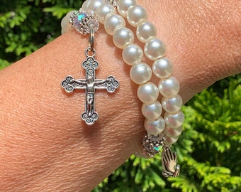 Pearl Rosary Wrap Bracelet: Catholic Religious Gift