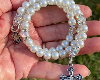 White rosary wrap bracelet, 5 decade rosary, catholic jewelry, catholic gift, religious gift