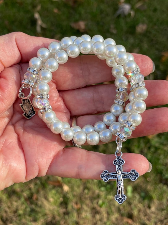 Wrap Around Rosary Bracelet White Glass Pearl Beads Four Way Cross | eBay
