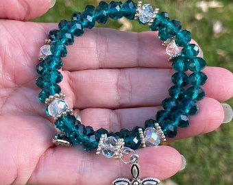 Blue Green Glass Rosary Wrap Bracelet: Catholic Religious Gift