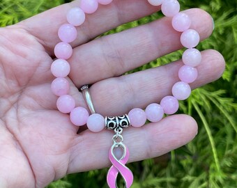 Pink Stone Breast Cancer Awareness Bracelet with Ribbon Charm