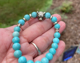 Turquoise panther stretch bracelet, Big Cat Lover,  Panther Fan, NFL Fan, southwestern jewelry