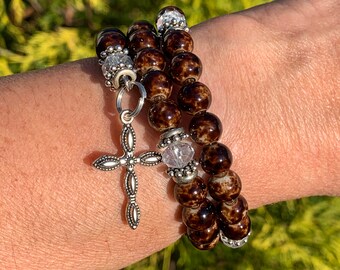 Prayer wrap bracelet, catholic gift, brown mosaic pattern glass beads, gift for her, prayer group gift