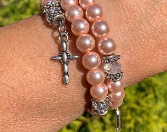 Prayer wrap bracelet, catholic gift, gift for her, catholic jewelry, light pink glass bead bracelet