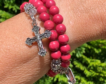 Rosary wrap bracelet, catholic jewelry, dark pink mosaic glass beads, catholic gift