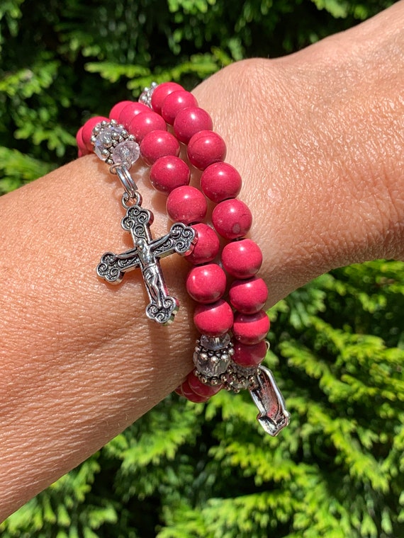 Rosary Wrap Bracelet, Catholic Jewelry, Dark Pink Mosaic Glass