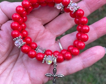 Red five decade rosary wrap bracelet, catholic gift