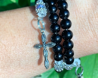 Five decade rosary wrap bracelet, catholic jewelry, catholic gift, black glass beads
