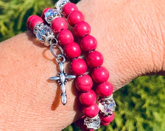 Prayer wrap bracelet, gift for her, dark pink prayer beads, catholic gift