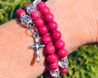 Dark Pink Prayer Wrap Bracelet: Mosaic Glass Beads, Catholic Gift