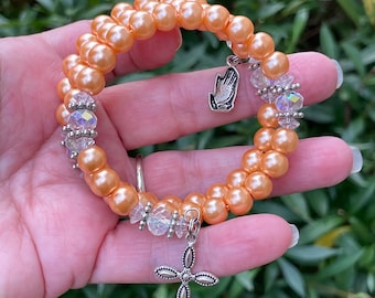 Rosary wrap bracelet, 5 decade rosary, orange glass beads, Catholic jewelry