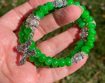 Rosary wrap bracelet, catholic jewelry, green glass beads, catholic gift
