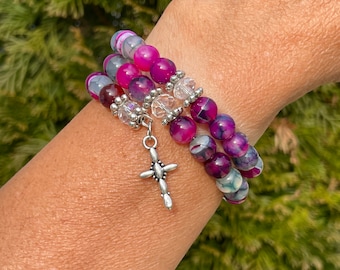 Purple Mosaic Glass Bead Wrap Bracelet with Silver Cross