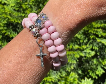 Pink Glass Bead Prayer Wrap Bracelet with Cross Charm