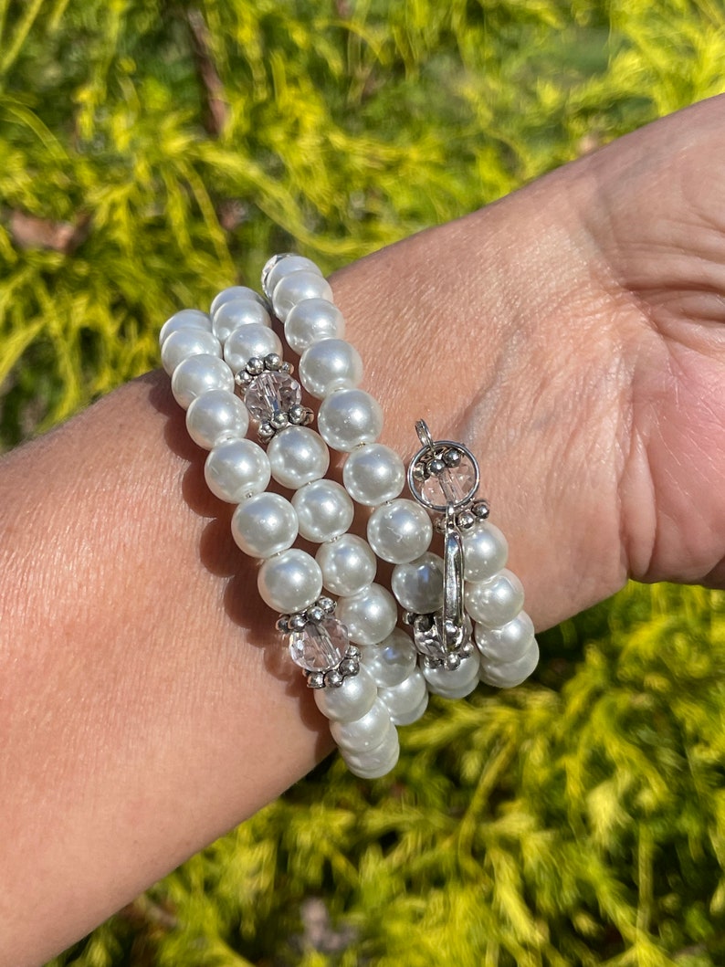Prayer wrap bracelet, gift for her, pearl white glass beads, religious gift, wedding accessory image 2