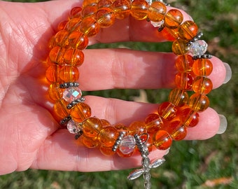 Rosary wrap bracelet, rosary prayer beads, clear orange glass beads, catholic gift