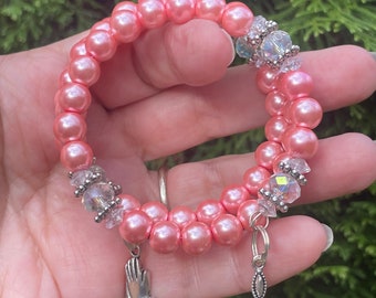 Peach Pearl Rosary Bracelet: Catholic Prayer Beads, Cross Charm