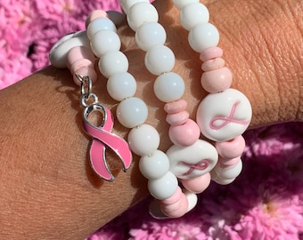 Breast Cancer Awareness Wrap Bracelet: Pink Glass Beads, Silver Cross Charm