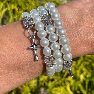 Prayer wrap bracelet, gift for her, pearl white glass beads, religious gift, wedding accessory image 1
