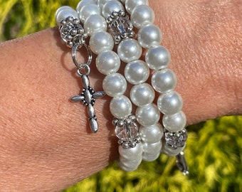 Prayer wrap bracelet, gift for her, pearl white glass beads, religious gift, wedding accessory