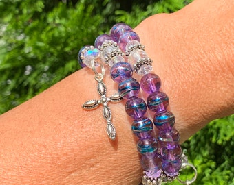 Prayer wrap bracelet, religious jewelry, catholic gift,  Purple mosaic glass beads