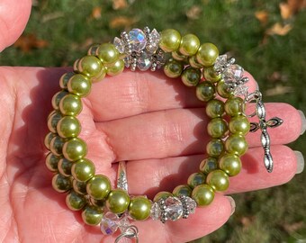 Lime Green Rosary Wrap Bracelet: Catholic 5 Decade Beads