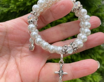 Prayer wrap bracelet, pearl white glass beads, religious gift, wedding accessory