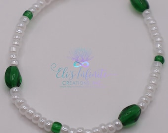 Obatala Alaguema Ilde - Cuentas grandes de semillas blancas perladas y verdes transparentes de 4 mm con cuatro cristales checos retorcidos de 6 mm