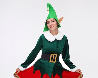 Déguisement de lutin de Noël, robe en velours vert, chapeau, ceinture, leggings