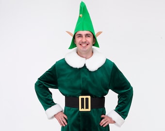 Costume de lutin vert de Noël, veste, jupe, chapeau, chaussures