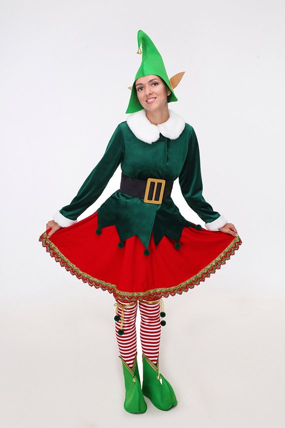 Christmas Elf Costume, Green Velvet Dress, Hat, Belt, Leggings