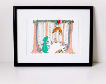 Balloons / Wall Art Print / In the woods / Nursery decor / Animals nursery / Original nursery / Unique baby gift / Kids room / Baby room