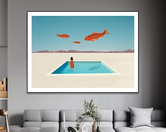 Large surreal art print, Oversized swimming pool art print, Contemporary wall décor, Extra large canvas wall art, Gold fish wall art