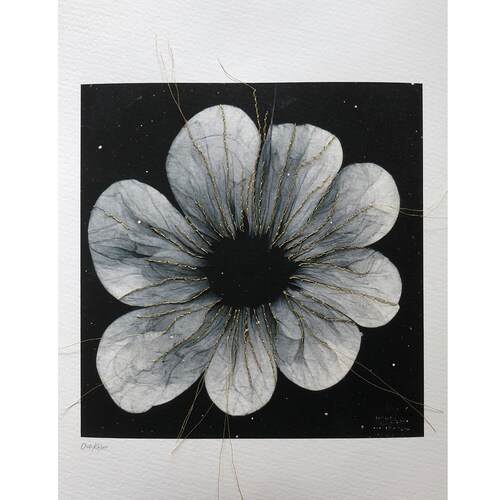 Flower art, shops One of a kind Embroidery on paper, Gold-threaded embroidery on black and white photo, Contemporary collage art, A.I Art