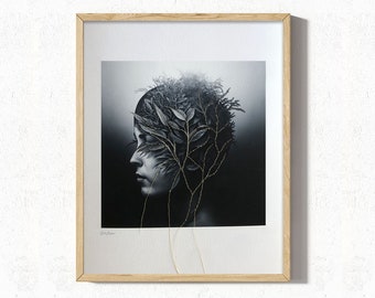 Contemporary collage art, One of a kind embroidery on paper, Gold-threaded floral women's art, Mixed media wall art, Black and white photo